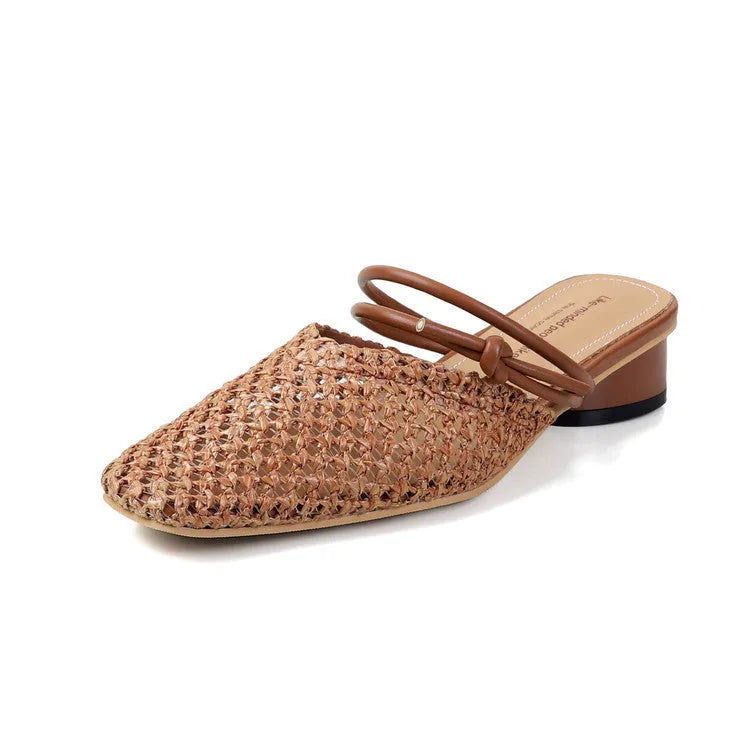 Women's square toe slippers with chunky heel and breathable design in artificial pu material