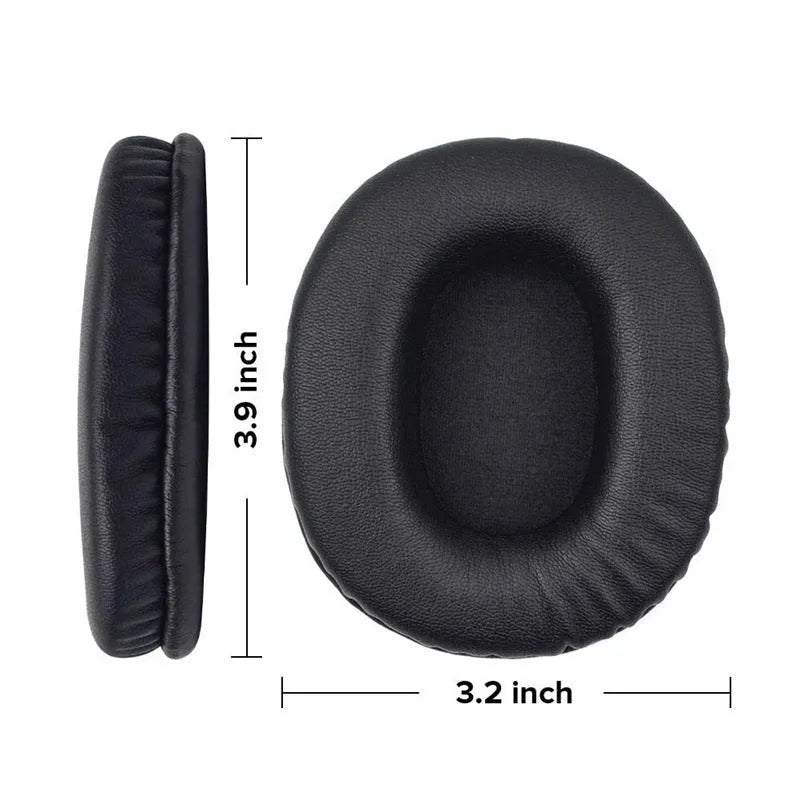 Two black PU leather headphone covers for Sony 1R headphones on a flat surface.
