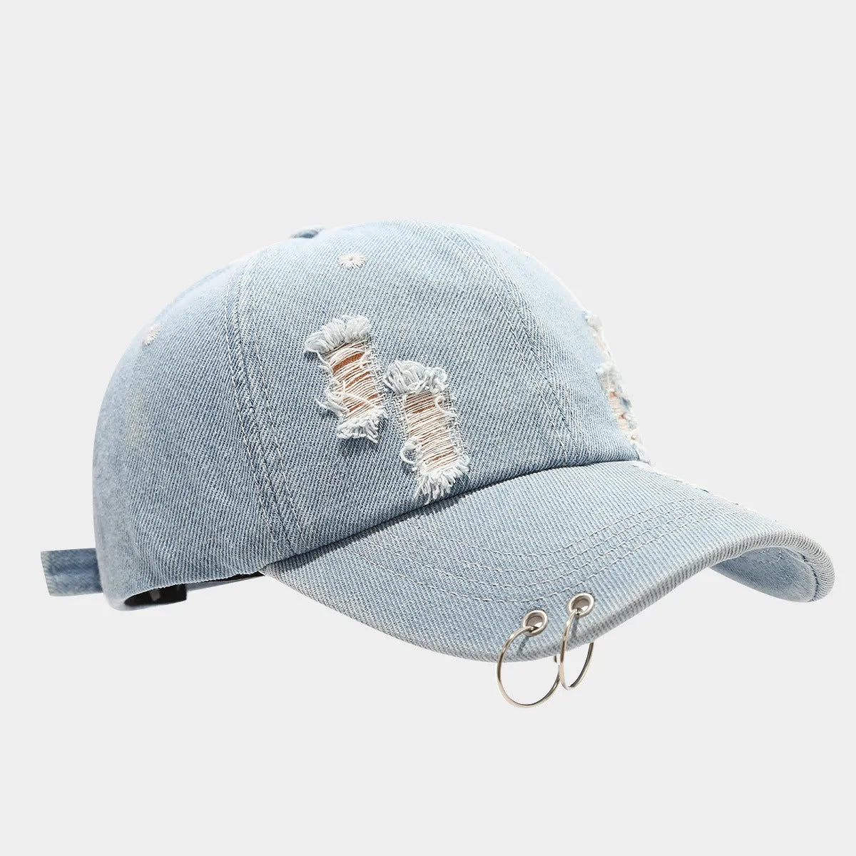 Men's adjustable denim peaked cap with dome crown in light blue colour