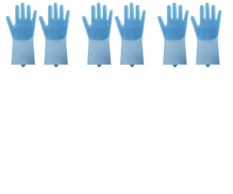 Blue silicone scrubbing gloves showing textured palm and finger surfaces for cleaning