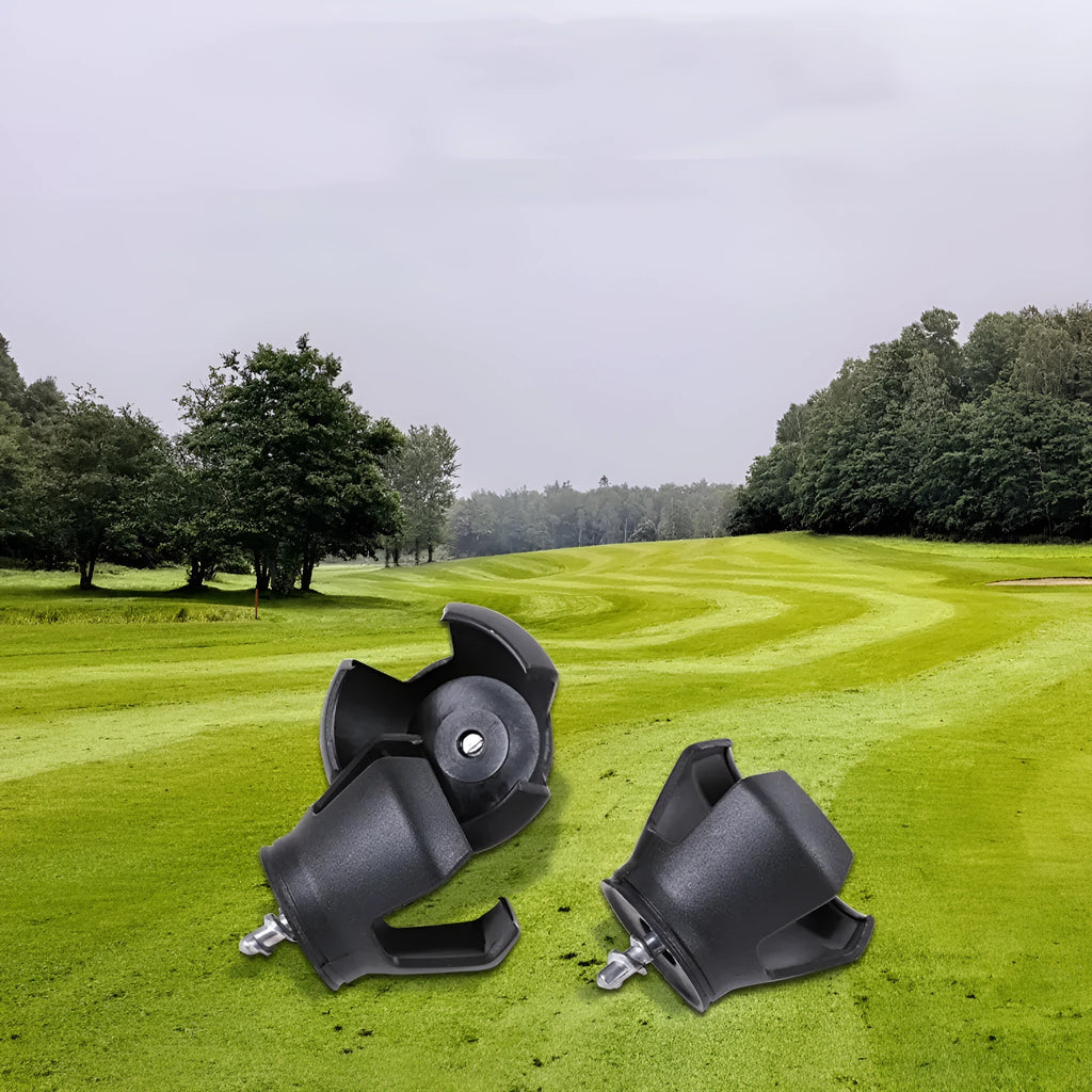 Black golf ball picking device with clip attachment showing putter-compatible seat design