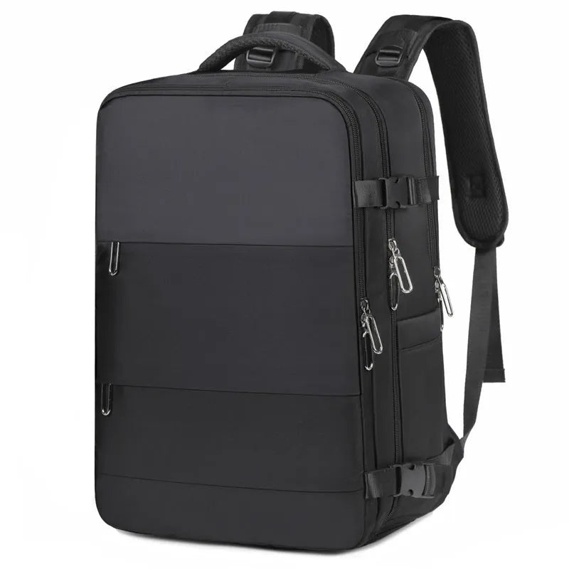 Women's large-capacity travel backpack in purple with organisational compartments and waterproof Oxford cloth construction