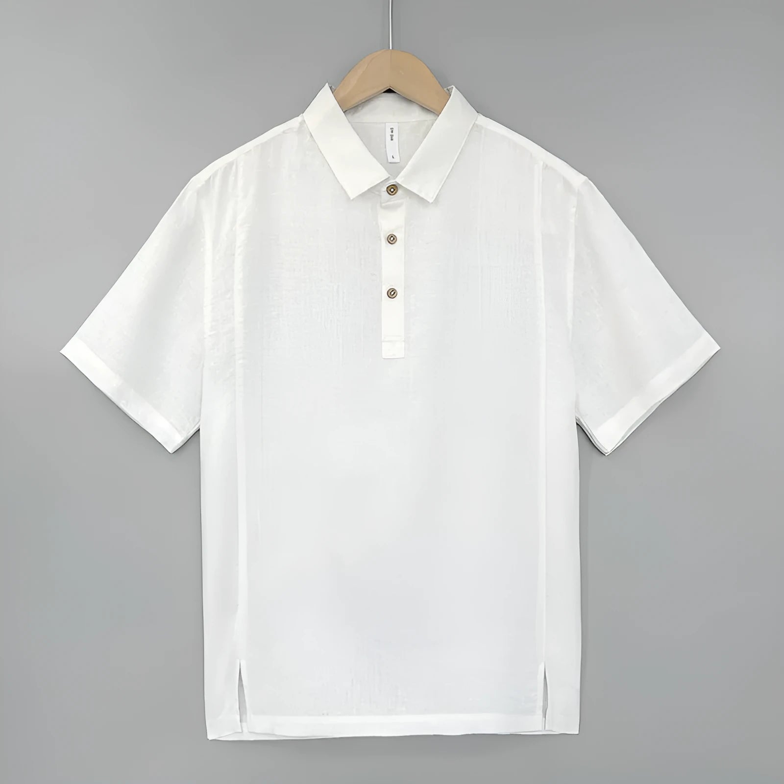 Men's loose fit linen summer shirt with thin lapels and short sleeves in grey green colour.