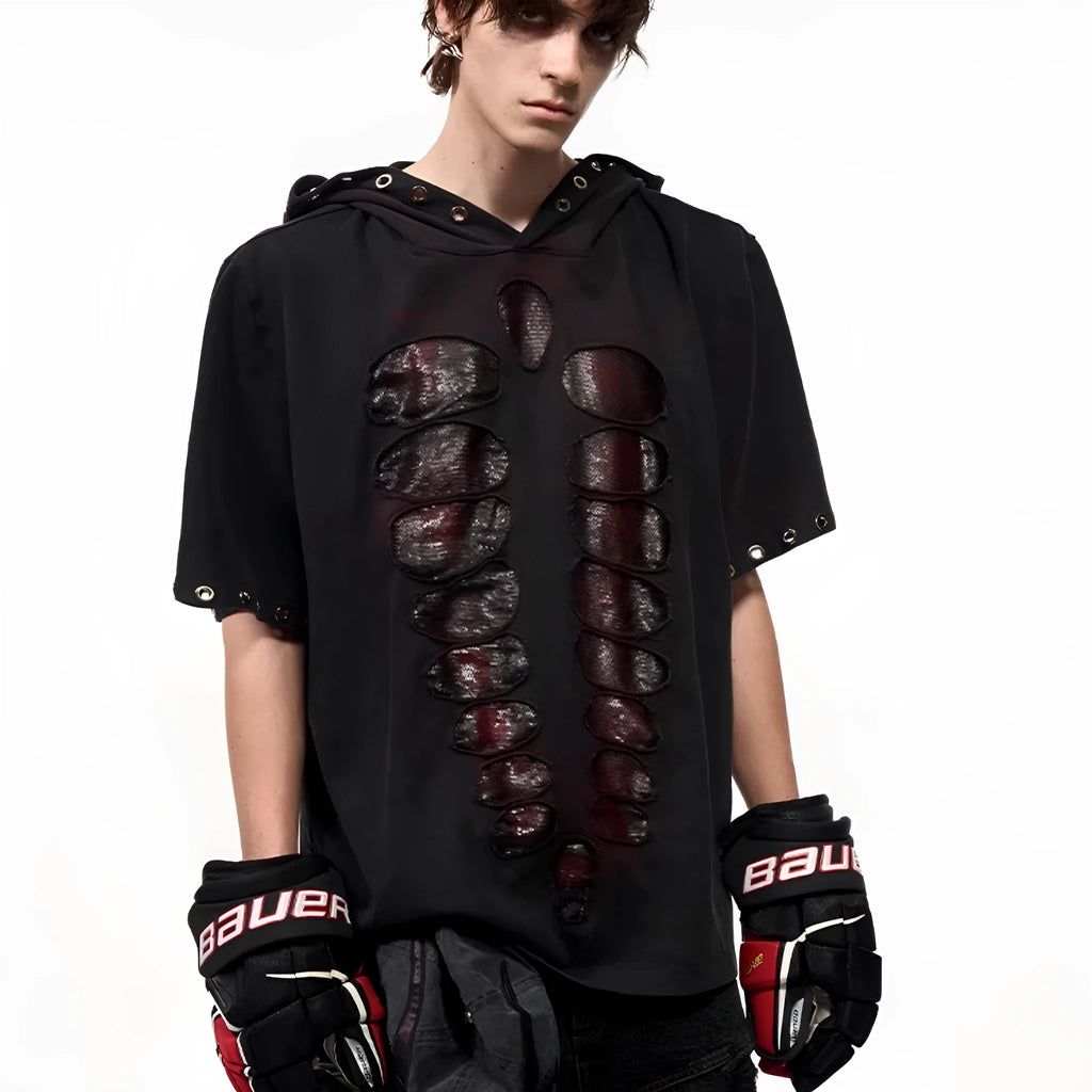 Black men's loose-fitting hooded t-shirt with short sleeves and cut sequins detail.