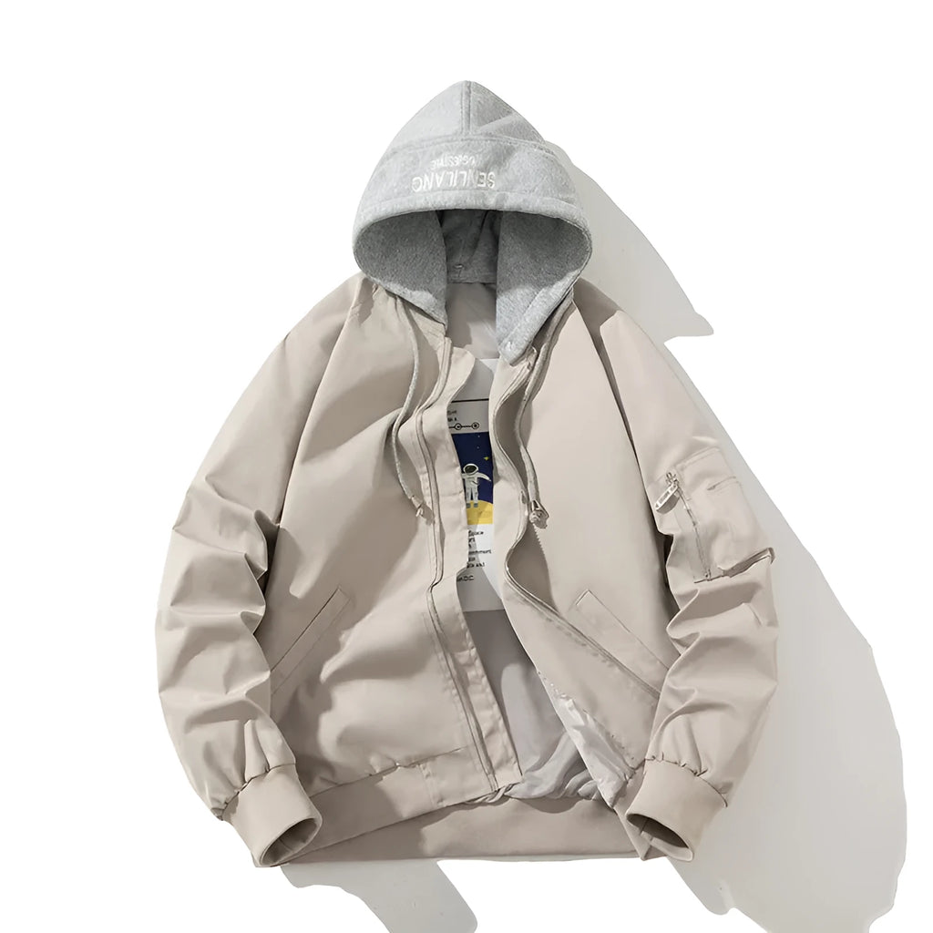 Plus-size loose-fitting pilot jacket in polyester blend fabric available in black, beige, or green colours