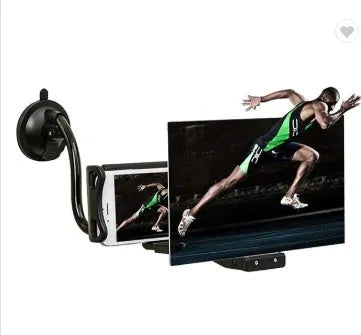 Black mobile phone screen amplifier with 12-inch acrylic lens on adjustable folding bracket
