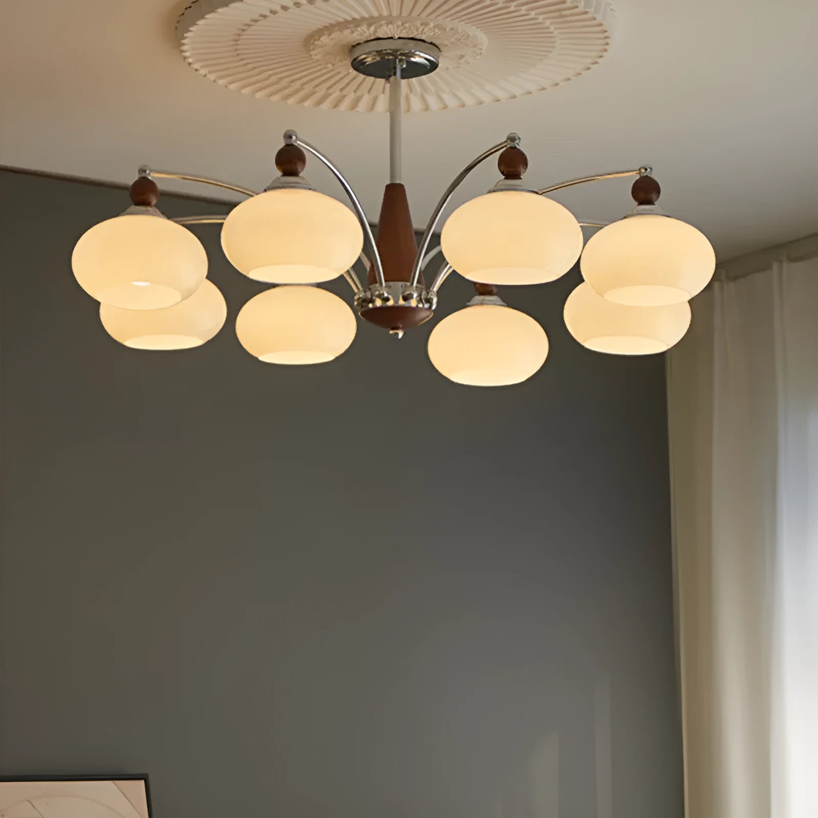 Creative persimmon glass chandelier with chrome fittings and multiple glass lampshades in middle ancient style