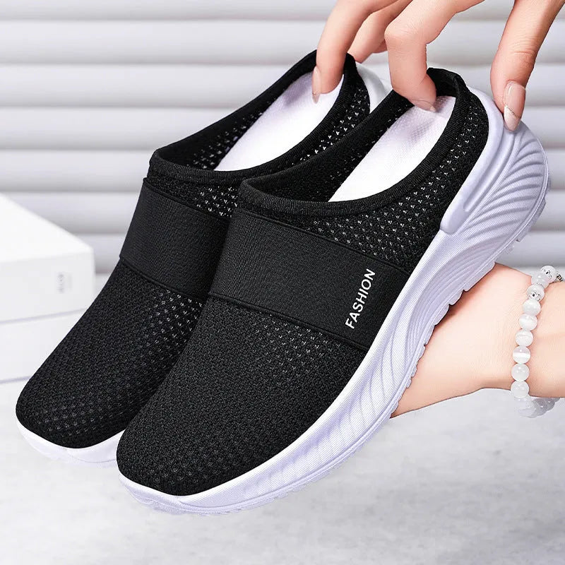 Women's breathable mesh casual shoes in multiple colours, flat heel, round toe, slip-on design