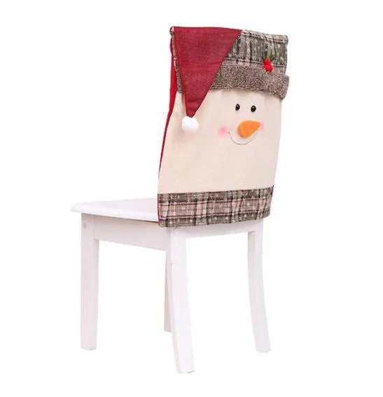 Christmas chair covers set with Santa Claus, Snowman, and Santa hat designs on dining chairs