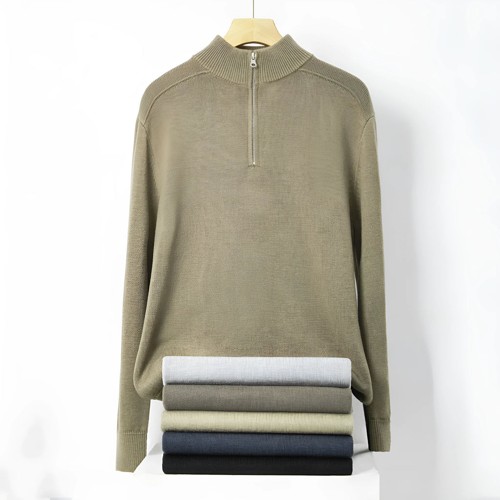 Men's slim-fit casual sweater in thickened wool, shown in a stone sand colour.