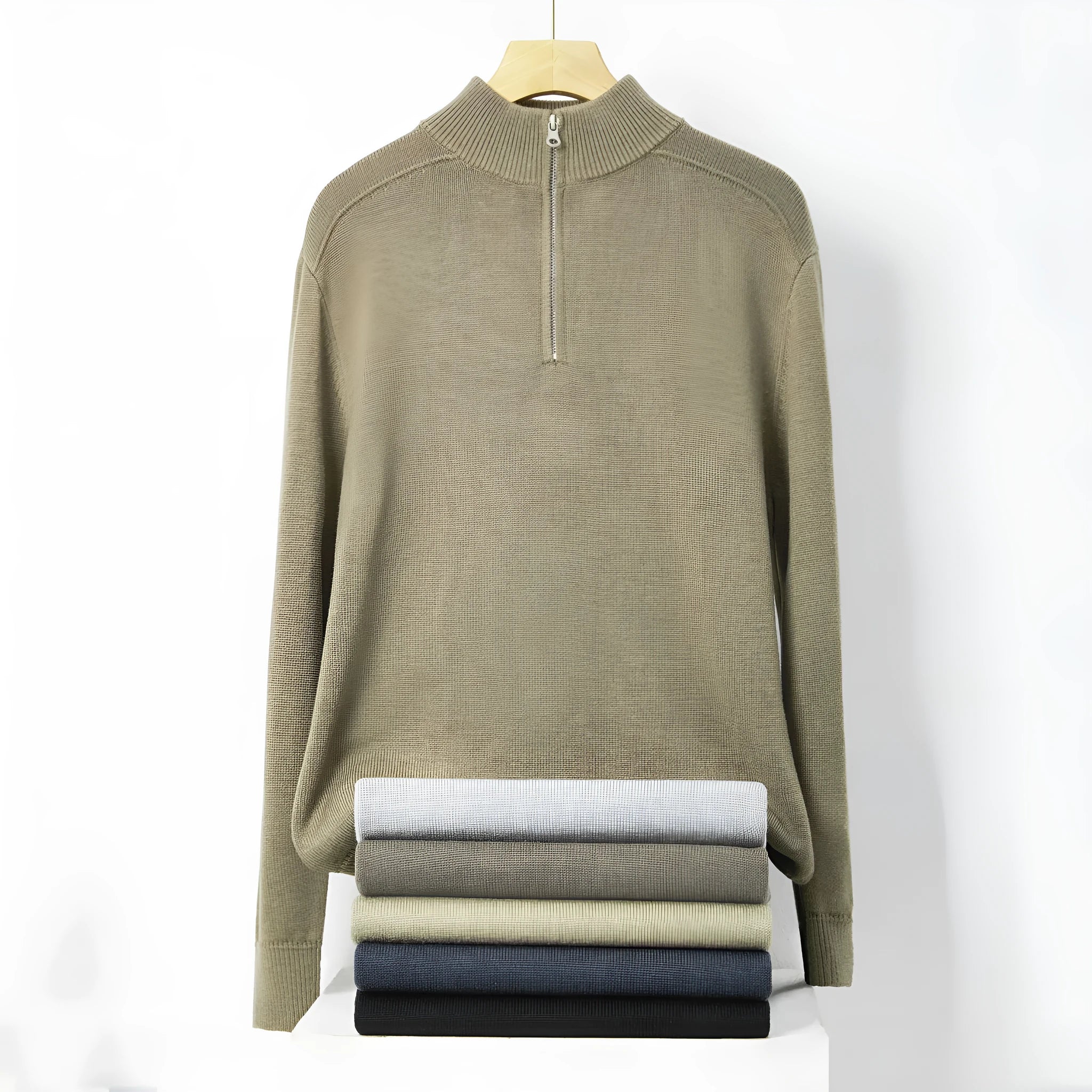 Men's slim-fit casual sweater in thickened wool, shown in a stone sand colour.