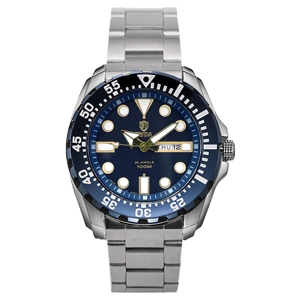 Men's waterproof luminous quartz watch with blue case and steel strap showing sporty 15mm design