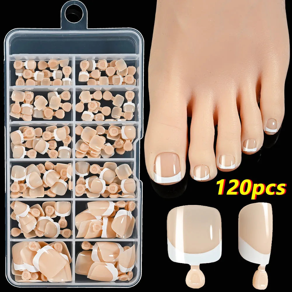 120-piece box of full square short French white tip nude press-on toenails in assorted shades