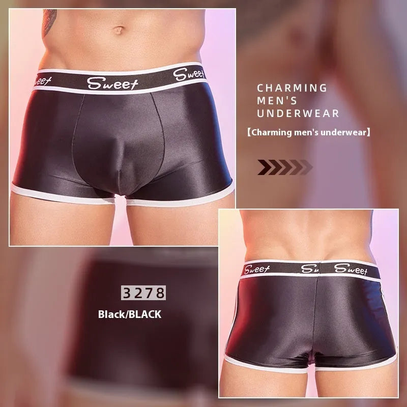 Men's shiny nylon boxers in black, white, and sapphire blue colours