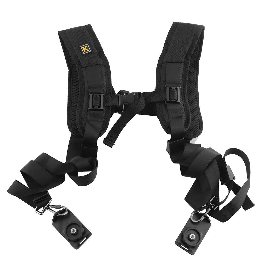 Black professional dual SLR camera shoulder strap showing two camera attachments and thick sponge padding.