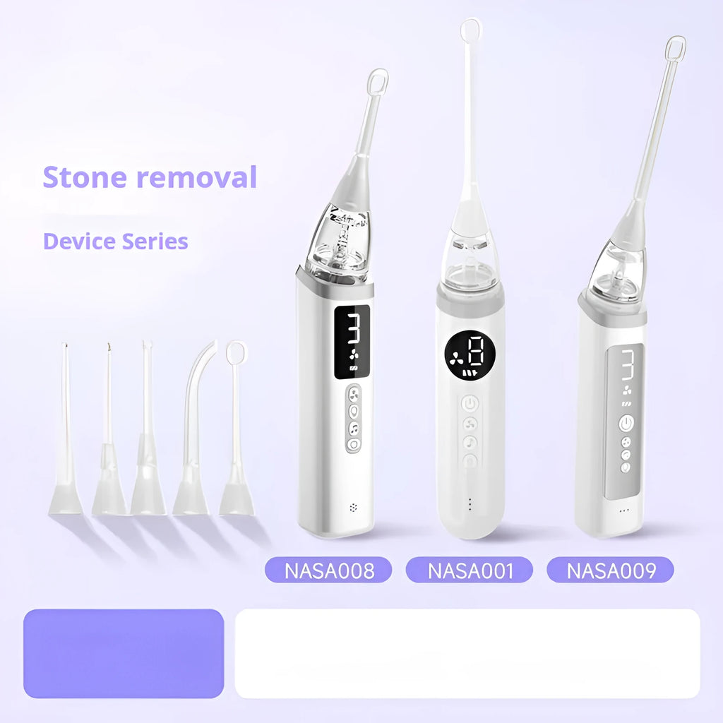Milky white oral hygiene tool for tonsil stone and dental calculus removal.