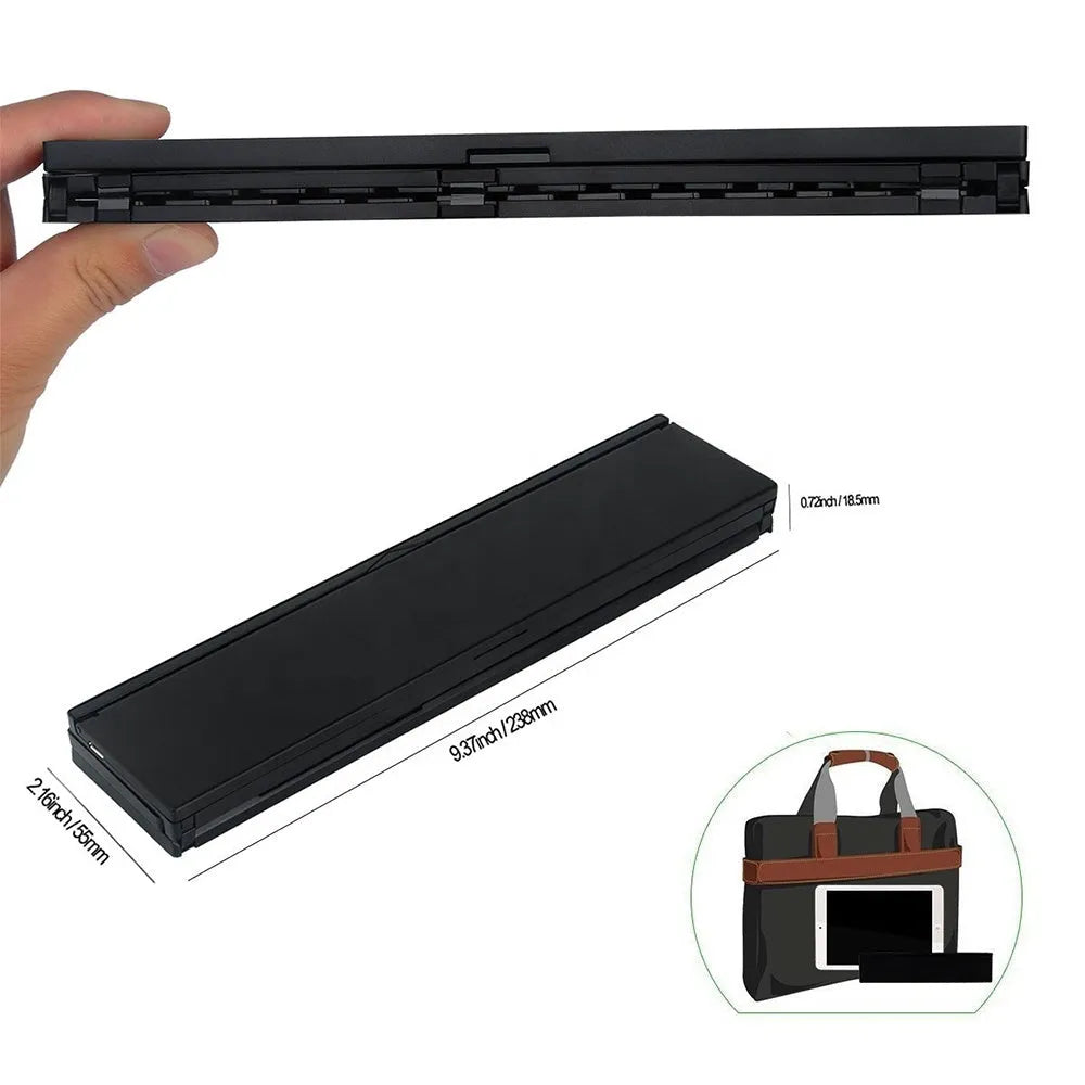 Black foldable Bluetooth keyboard shown alongside tablet demonstrating 8-inch compact size and portable design