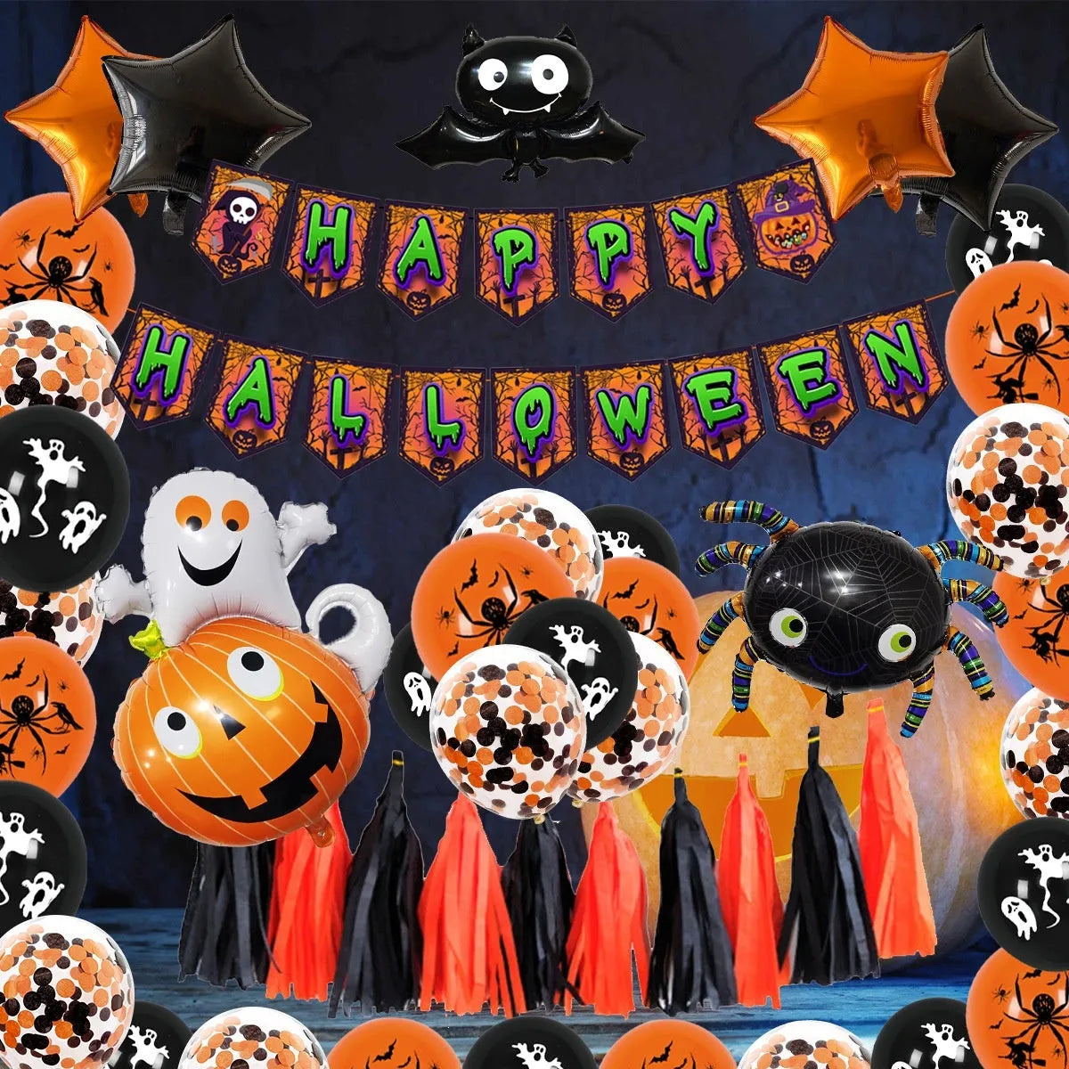 Halloween spider balloon arch decoration set with black and white latex skull and pumpkin designs
