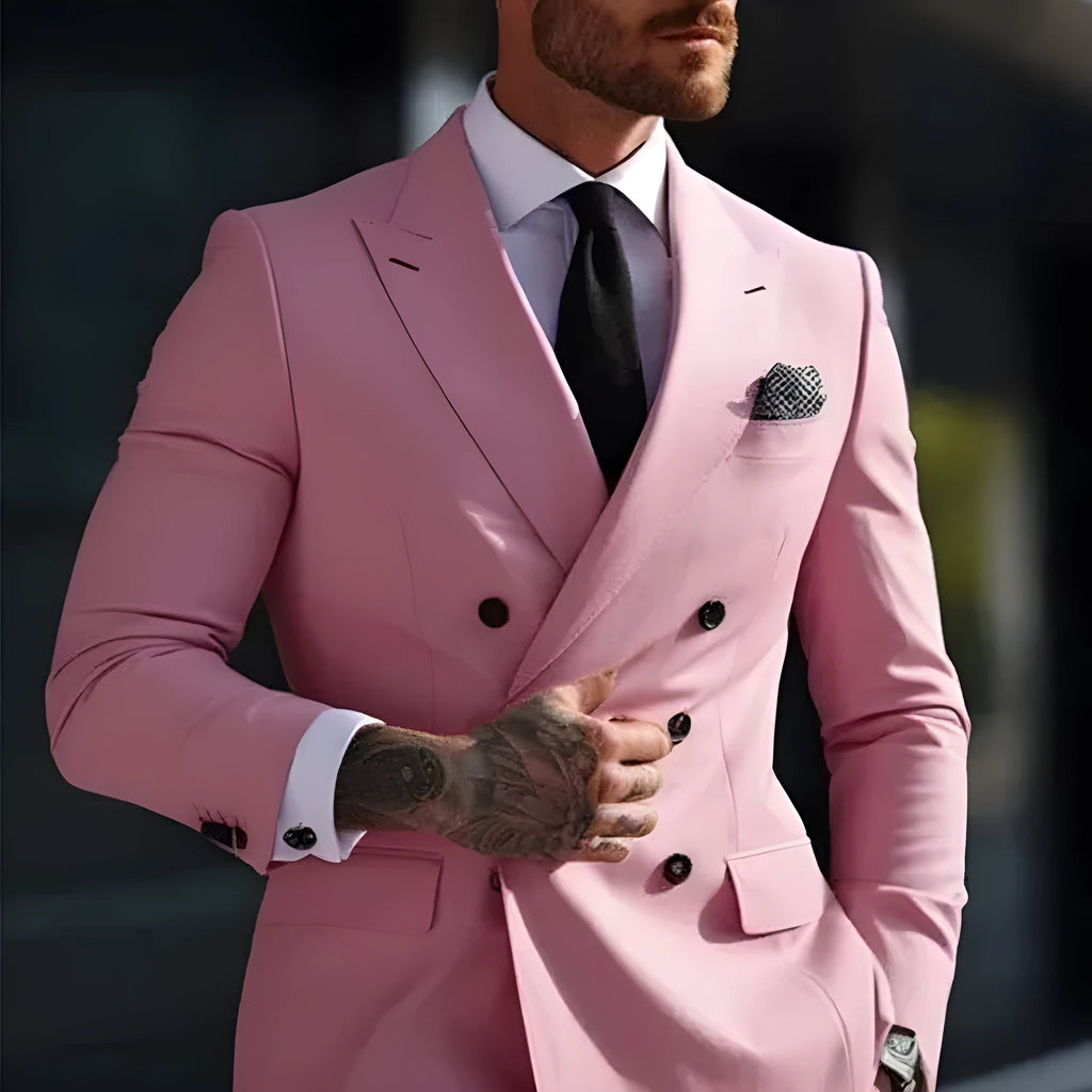 Men's gray Korean slim fit two-piece suit jacket and trousers on a hanger