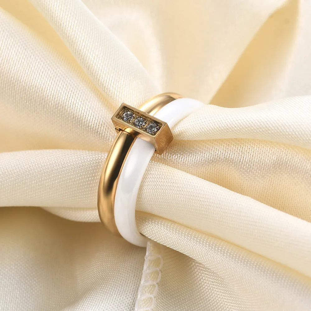 Ceramic ring with zirconium inlay in steel black or gold white colour
