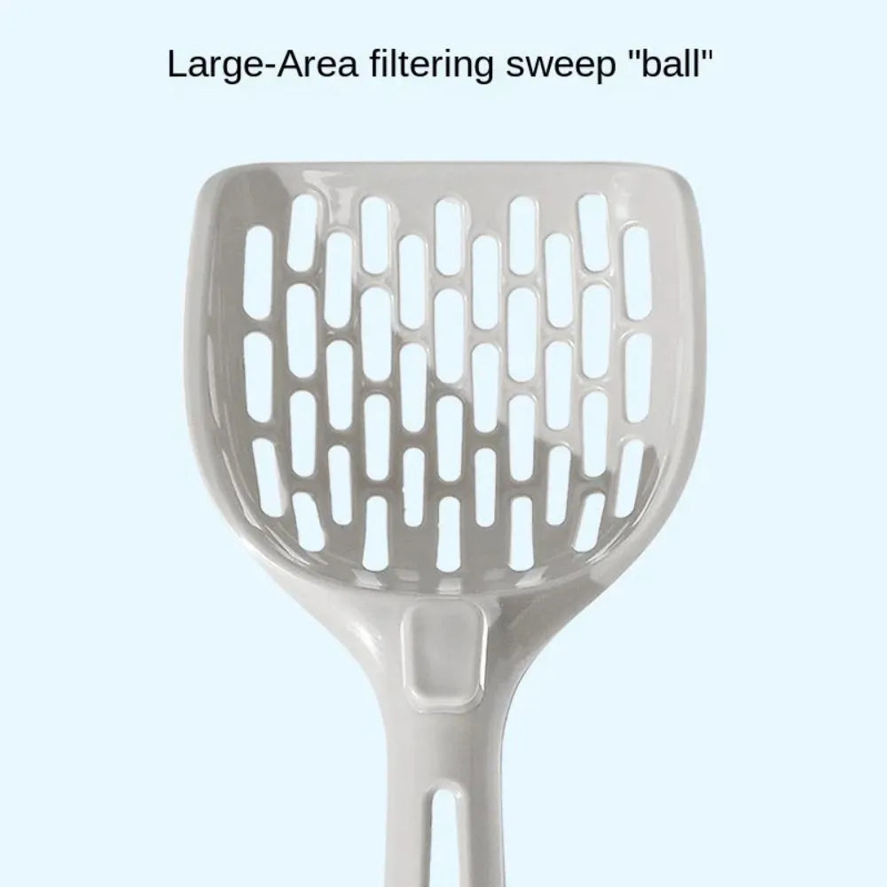 Grey plastic cat litter scoop resting on its matching plastic base stand.