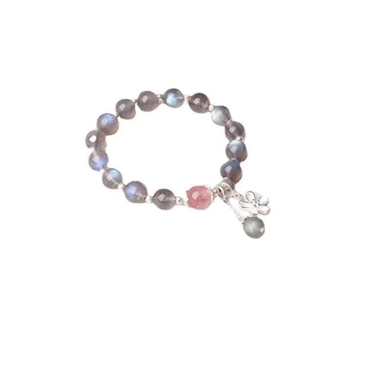 Grey moonlight gemstone women's bracelet with 7.5mm beads and a sterling silver honeysuckle charm.