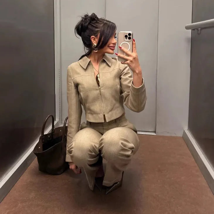 Women's summer casual suit with 3D herringbone pattern embroidery on long sleeve coat and straight-leg trousers
