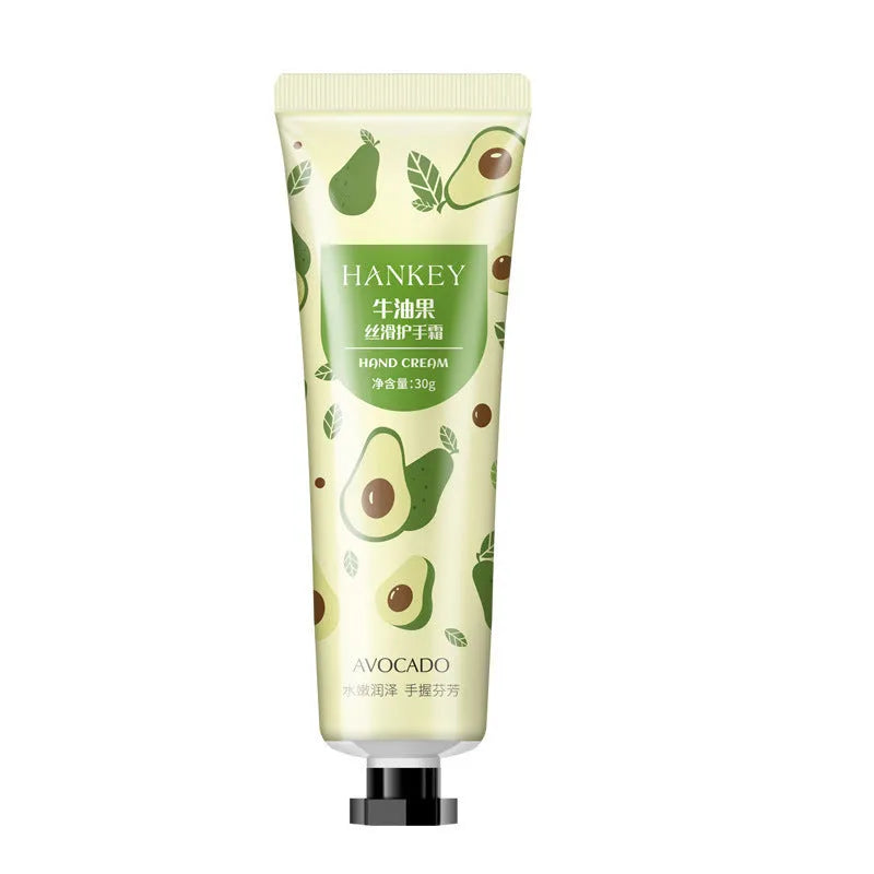 30g tube of scented hand cream for dry skin, shown with choice of avocado, chamomile, and rose fragrances.