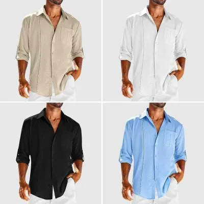 A man's solid-colour long sleeve casual shirt with a polo collar, button front, and chest pocket.