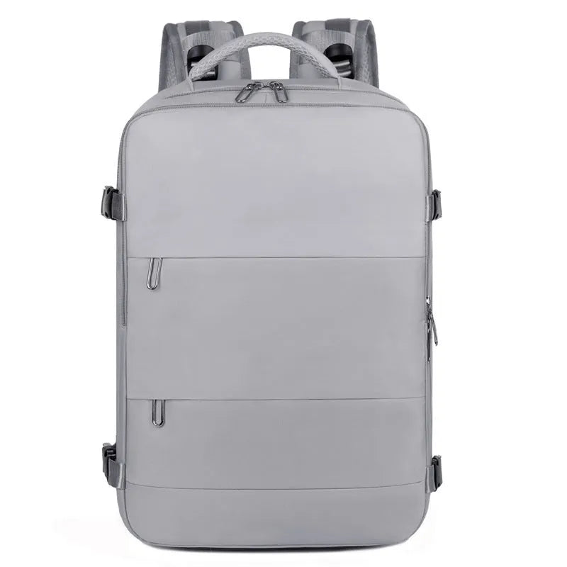 Women's large-capacity travel backpack in purple with organisational compartments and waterproof Oxford cloth construction