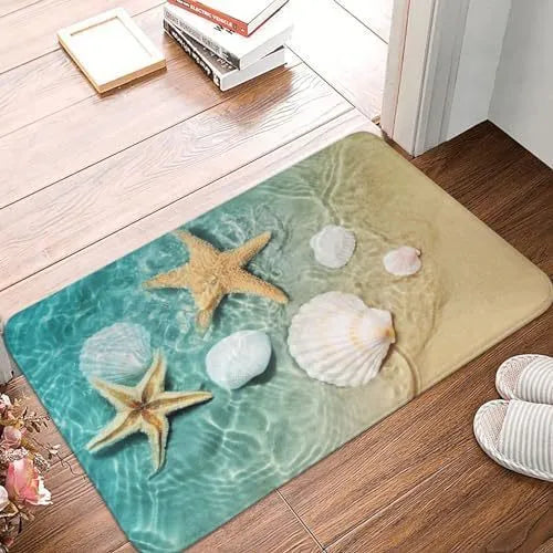 Modern square polyester flannel floor mat showing coastal starfish print design on a wooden floor.