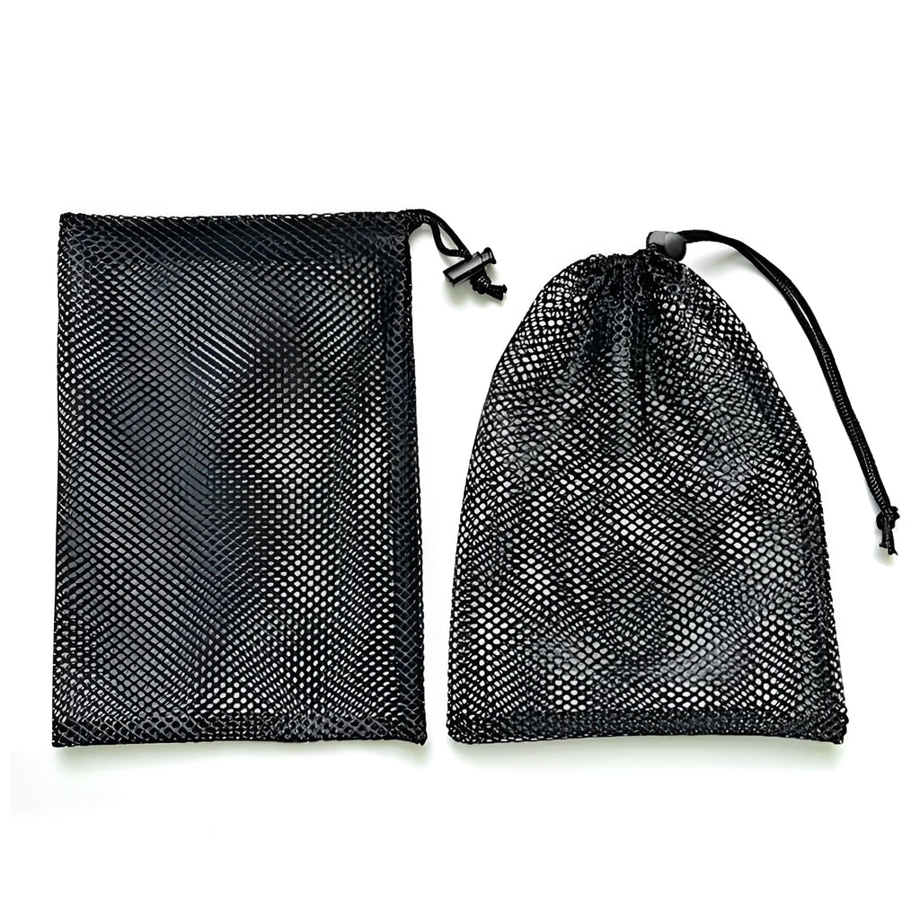 Black mesh drawstring storage bag for children's water balls and toys, shown in three available sizes.