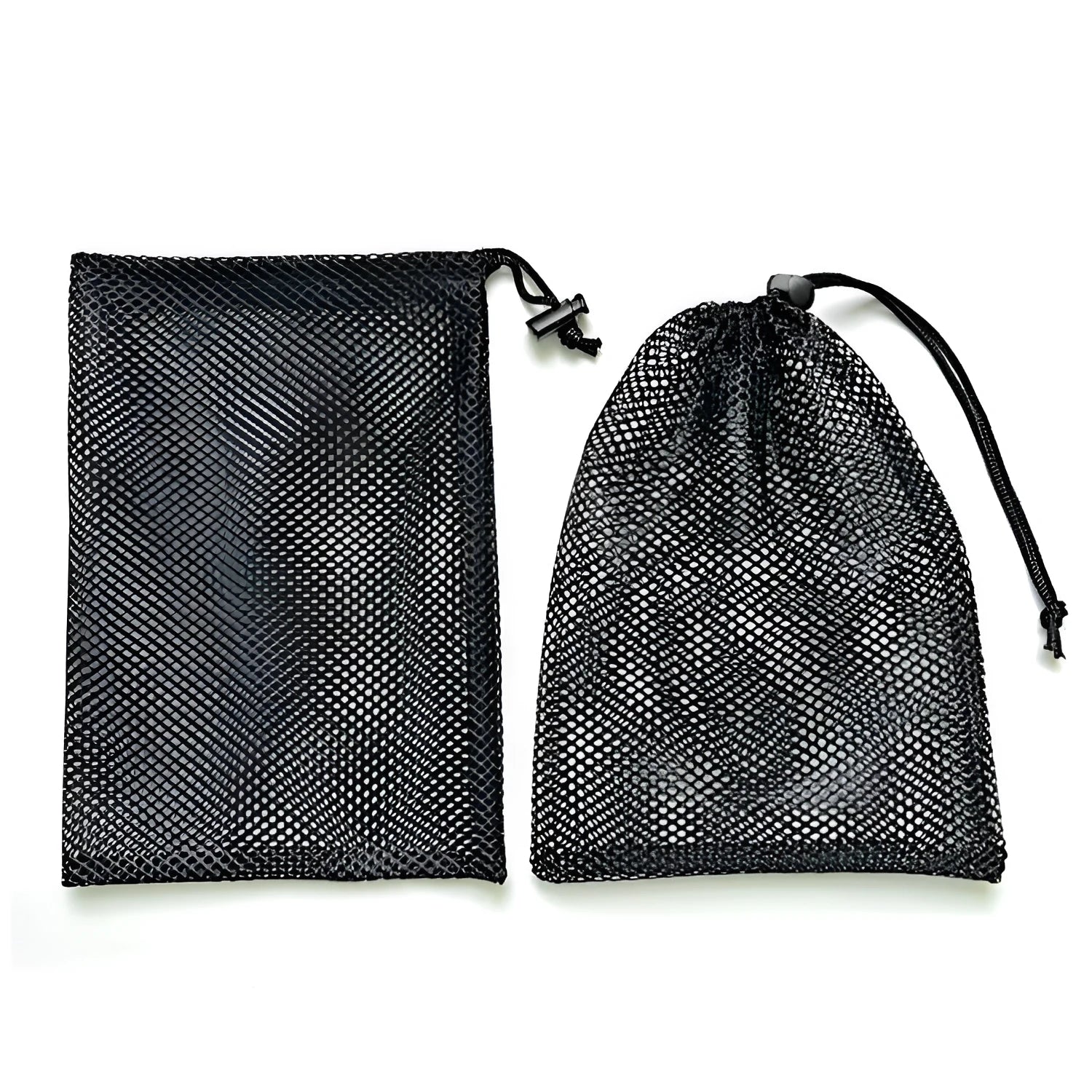 Black mesh drawstring storage bag for children's water balls and toys, shown in three available sizes.