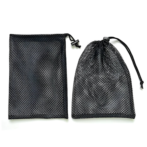Black mesh drawstring storage bag for children's water balls and toys, shown in three available sizes.