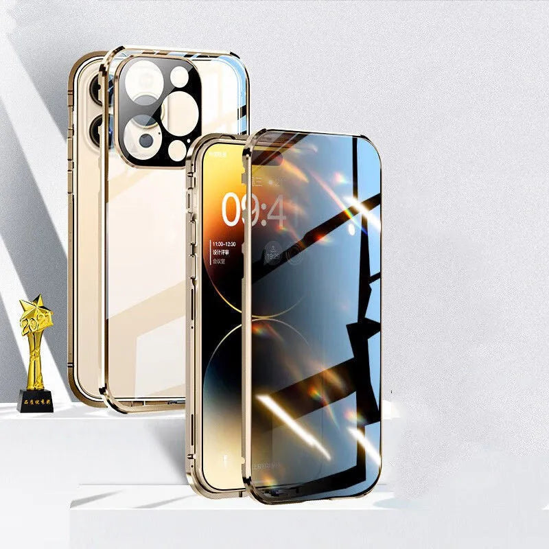 Gold anti-peeking magnetic phone case with double-sided glass and alloy frame for iPhone 15