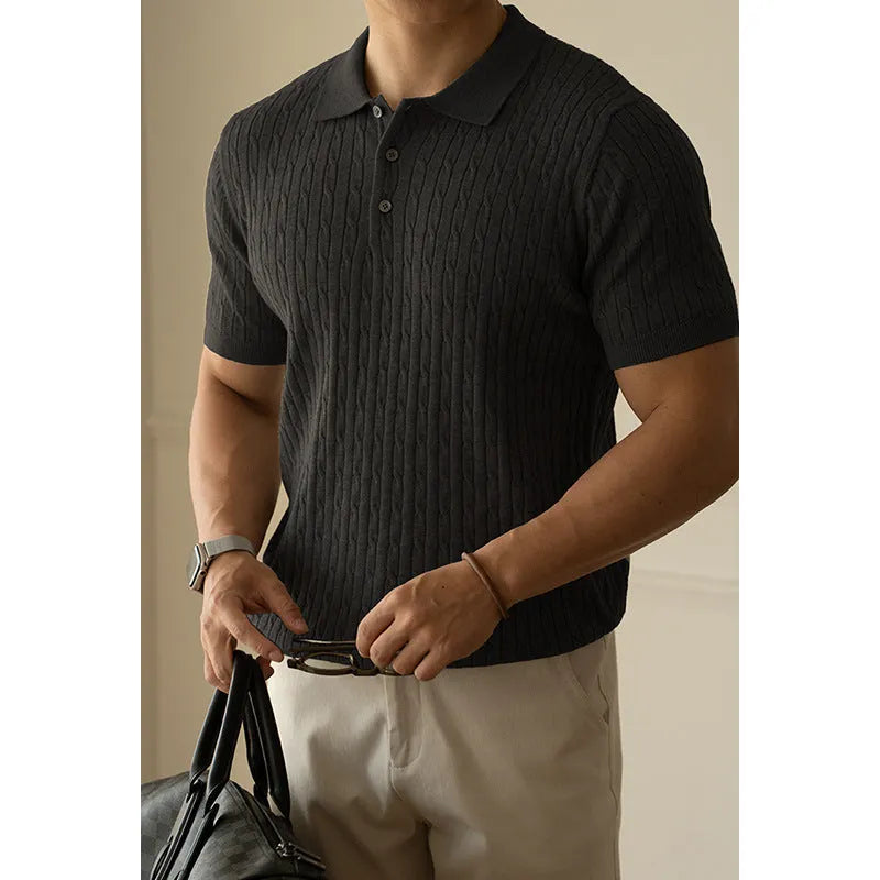 Men's khaki short sleeve business top with polyester nylon acrylic wool fabric blend for office commute wear