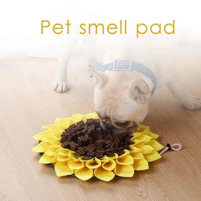 Yellow sunflower-shaped dog snuffle mat with rope and buckle for slow feeding and nosework training