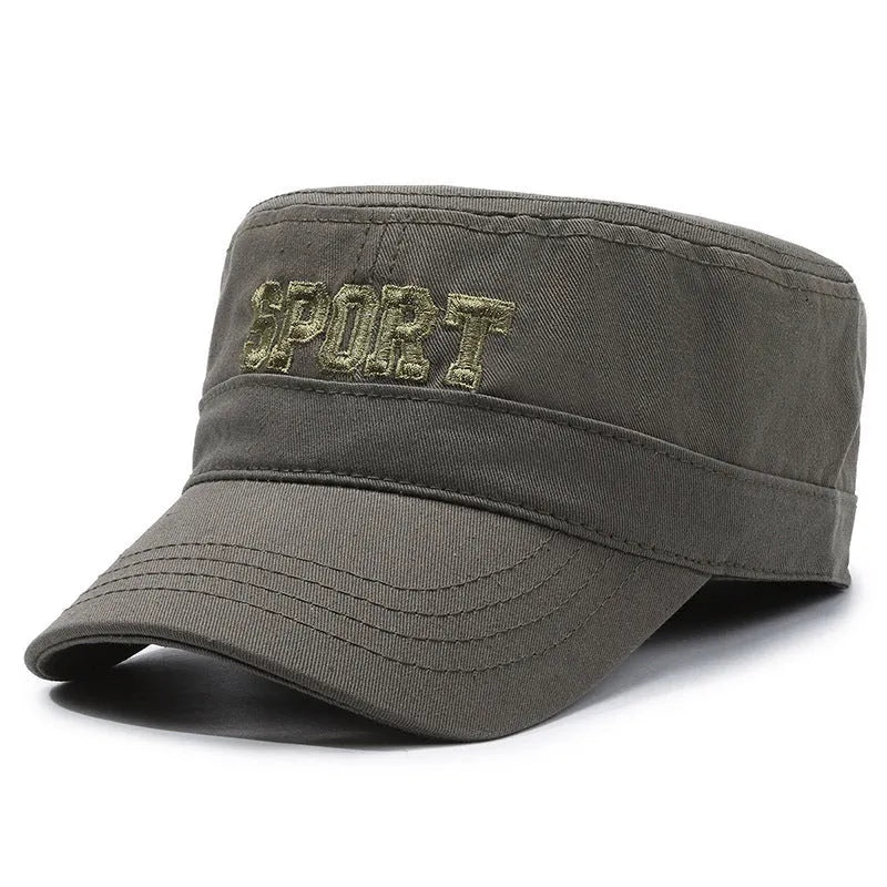 Men's adjustable cotton flat-top peaked cap in army green colour showing dome crown