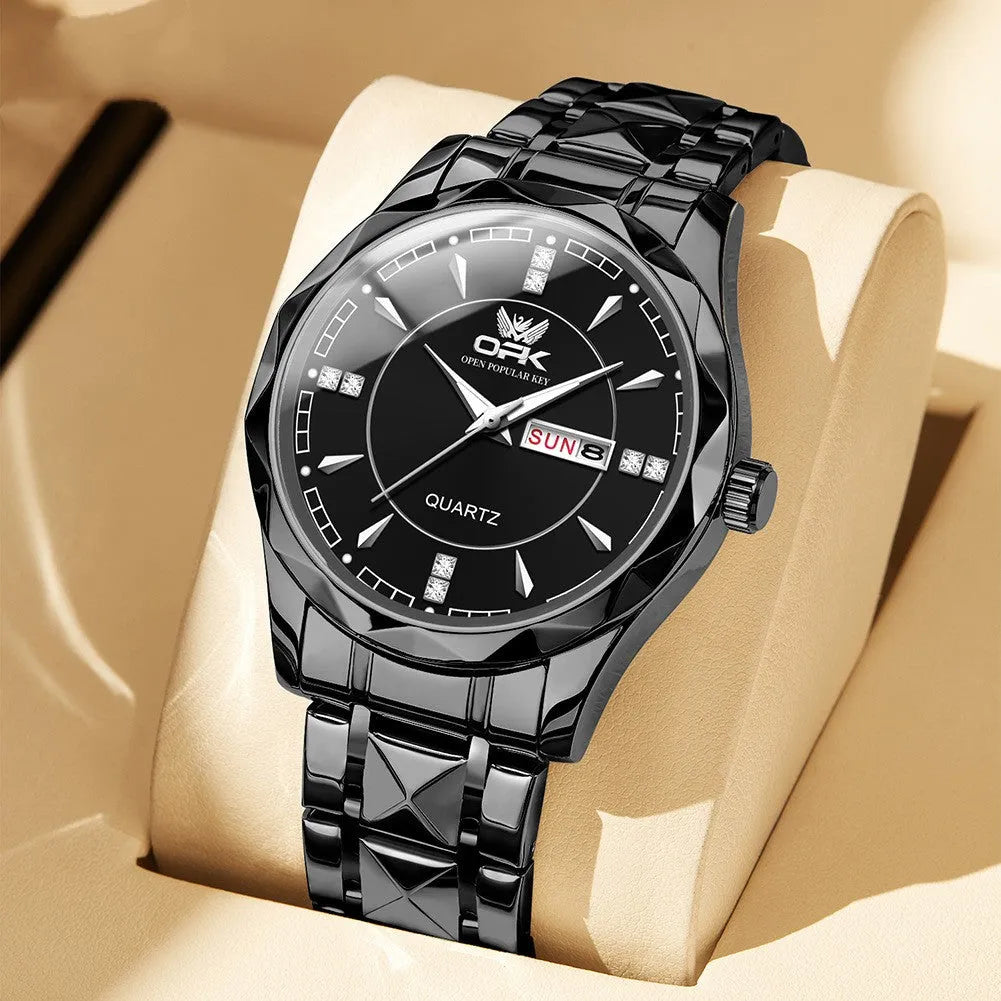 OPK8151 men's quartz watch with round dial, stainless steel strap, and double calendar display
