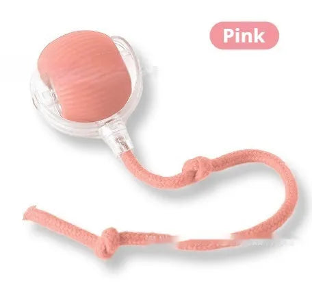 Silicone rolling ball cat toy in red, green, or grey colours, some variants with an attached rope.