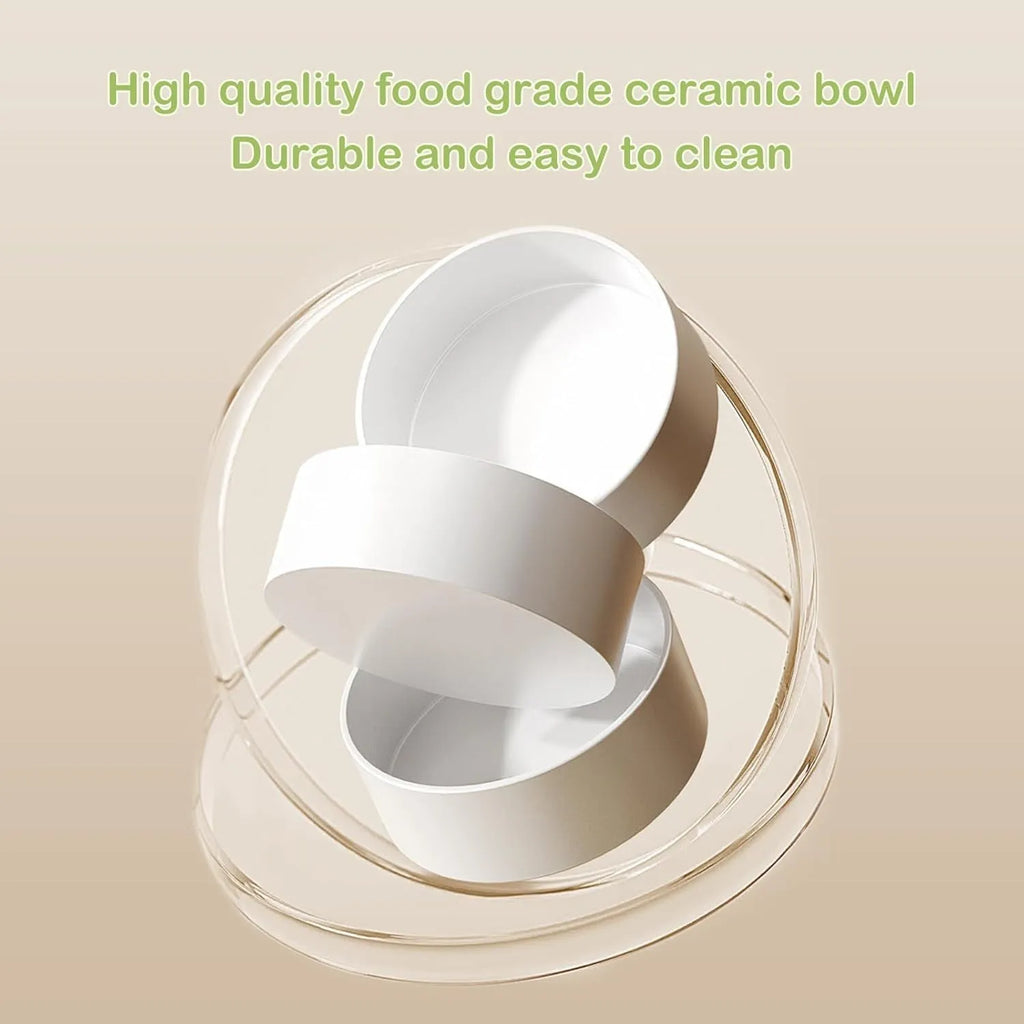 Ceramic elevated cat bowls with 15 degree tilt and non-slip base in green, white or yellow