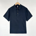 Men's loose fit linen summer shirt with thin lapels and short sleeves in grey green colour.