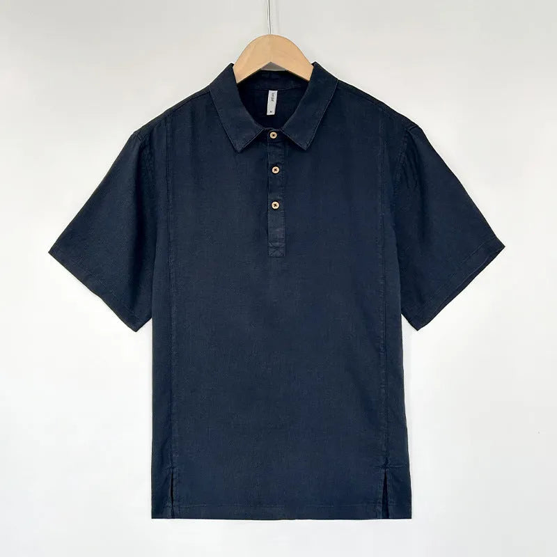 Men's loose fit linen summer shirt with thin lapels and short sleeves in grey green colour.