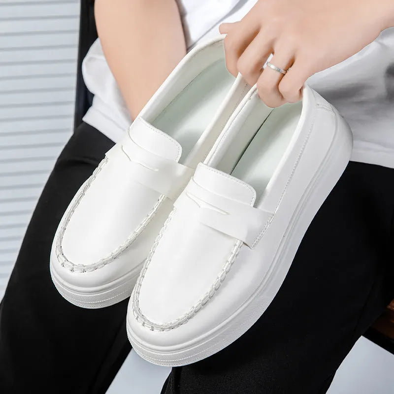 British style casual leather shoes in artificial PU material with round toe, shown in white colour