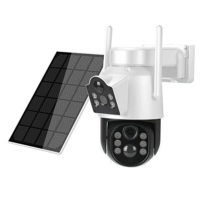 Outdoor solar-powered wireless wifi security camera with 4MP HD sensor and attached solar panel on a wall mount.