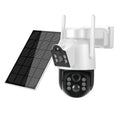 Outdoor solar-powered wireless wifi security camera with 4MP HD sensor and attached solar panel on a wall mount.