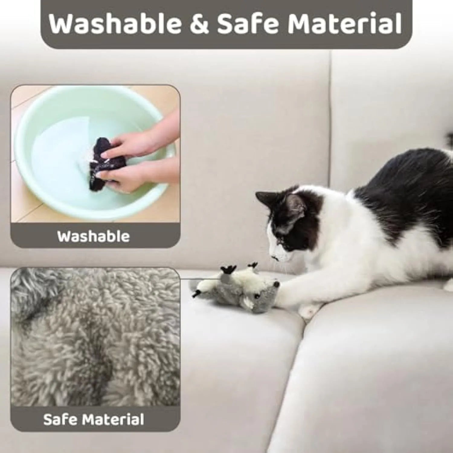 Gray flapping squirrel cat toy with USB charging cable for interactive feline play