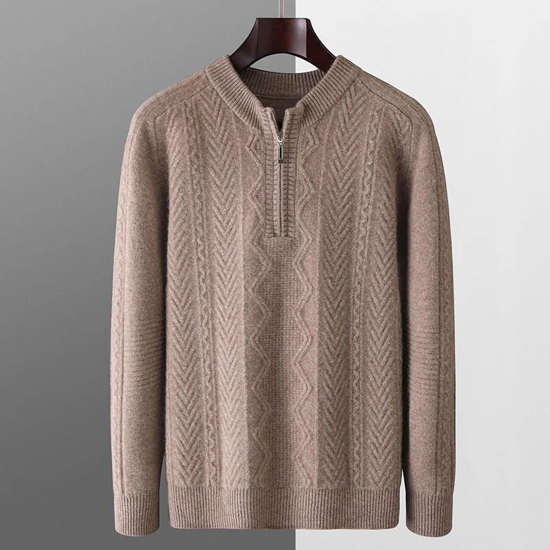 Man wearing a beige pure wool loose fit sweater with a diamond lattice pattern and a half-zip neck.
