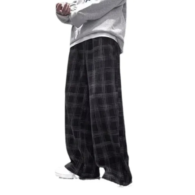 Japanese retro loose plaid trousers in black and green colours with straight-leg design