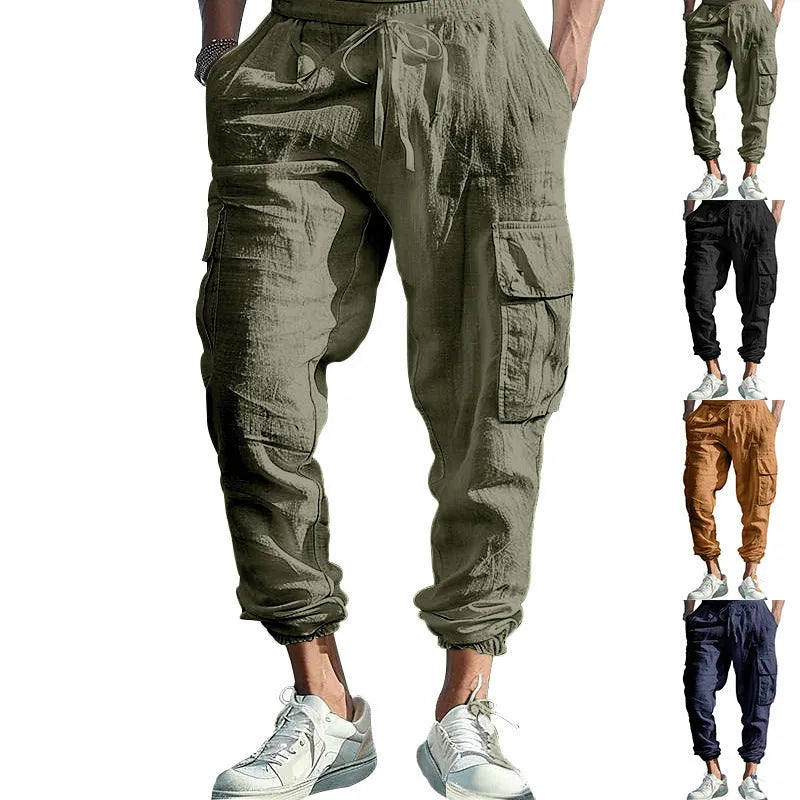 Men's linen casual trousers with ankle-tied design and multiple pockets in army green colour.